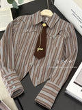 Autumn Women Old Money French Vintage Striped Shirts With Tie Long Sleeve Design Blouses Crop Top Aesthetic Elegant Design Tide