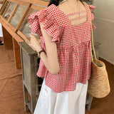 Sweet Plaid Sleeveless Shirt Women French Fashion Chic Preppy Style Tops Summer Casual Loose Patchwork Square Collar Blouse