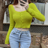 Women Autumn Long Sleeve Sweater Square Neck Slim Crop Top Female Winter Korean Solid Short Button Knitted Tops Chic Sweaters