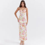 Summer Spaghetti Strap Maxi Party Dresses Casual White Floral Print Slim Go Out Holiday Dress Cute New In Dress 