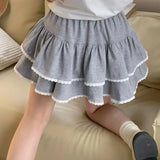 Kawaii Short Skirt Women Japanese Cute Lace Patchwork Lace-up Elastic Waist A-line Ruffle Mini Skirt Lolita Harajuku