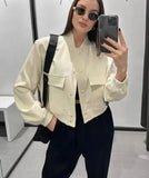 HiqdressWomen Fashion With Pockets Bomber Jacket Coats Vintage Long Sleeve Front Button Casual Female Outerwear Chic Tops