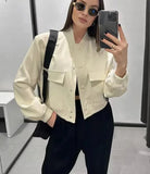 HiqdressWomen Fashion With Pockets Bomber Jacket Coats Vintage Long Sleeve Front Button Casual Female Outerwear Chic Tops