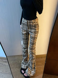 Women Korean Fashion Plaid Flare Long Trousers Bell Bottom Grunge Slim Pants Gyaru Y2k Japanese Streetwear 2000s Aesthetic Retro