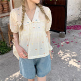 Sweet Shirts Women Kawaii Cute Print V Neck Puff Short Sleeve Blouse Student Korean Fashion Embroidery Loose Casual Top