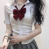 HiqdressKorean Fashion  New Spring/Summer Sexy Girl Short Sleeve Preppy Style Slim JK Bandage Shirt Women's Bow Tie Neck Blouse Top