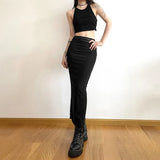 Y2K Black Long Skirts Women Harajuku Sexy Mesh Patchwork Wrap Skirt Summer Gothic Korean High Waist Slim A Line Faldas New