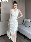 Summer Elegant Sexy V-Neck Split Bodycon Sheath Pencil Dress Women Pleated White Party Dresses Female  Work  Clothes