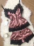 HiqdressWomen Pajamas Silk Sexy Pajamas Suit Black Lace V-neck Pajamas Suspender Top and Shorts Lace Pajamas Suit Dress Slim