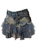 Summer Women Korean Fashion Gauze Patchwork Mini Denim Skirt Cutecore Gyaru Coquette 2000s Coquette Y2k Streetwear Grunge Design