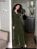 Women Vintage V Neck Velvet Dresses French Style Elegant Slim Waist Party Prom Robe Autumn Winter Long Sleeve One Piece Vestidos