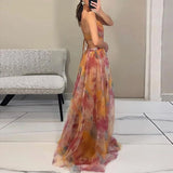 Elegant Print Pleated Mesh Evening Dress Sexy Off Shoulder Ins Vacation Long Dress Summer V Neck High Waist Backless Sling Dress