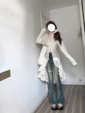 Chiffon Fashion Outfits 2 Piece Skirt Set  Sexy Strap Dress + Beige Long Tops Ruched Mori Girl Simple Summer Korean Fashion