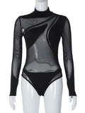 Turtleneck Long Sleeve Black See Through Sexy Bodycon Bodysuit Spring Summer Women New Outfit Festival Nightclub