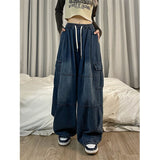 HiqdressHarajuku Vintage Blue Cargo Jeans Women Oversized Y2K Grunge Black Baggy Denim Pants Hip Hop Streetwear Wide Leg Trousers