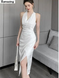 Summer Elegant Sexy V-Neck Split Bodycon Sheath Pencil Dress Women Pleated White Party Dresses Female  Work  Clothes