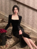 Spring New Women Elegant Long Black Velvet Dress Sexy Prom Evening Party Birthday Club Fashion  One Piece Clothing