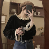 Vintage Velvet Shirts Women Elegant Lace Patchwork Blouses Office Lady Korean Sweet Ruffles Long Sleeve Casual Tops New