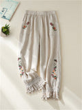 Women's Cotton Linen Pants Female Elastic Waist Floral Embroidery Traditional Folk Lace Patchwork Ankle Length Casual Trousers