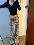 Women Korean Fashion Plaid Flare Long Trousers Bell Bottom Grunge Slim Pants Gyaru Y2k Japanese Streetwear 2000s Aesthetic Retro