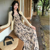 Summer New Sweet Elegant Halter Dress Slash Neck Floral High Waist Pleats Long Dress Patchwork Holiday Style Boho Dress