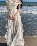 Women Fashion Bohemian Print Long Dresses France Elegant Ruffles Strap Beach Holiday Vestidos Korean One Piece A-Line Robe