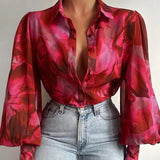 HiqdressFashion Lapel Lantern Sleeve Blouses Spring Office Lady Vintage Floral Print Shirts Tops Button Up Long Sleeve Shirt