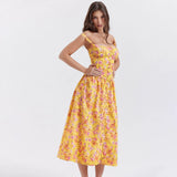 Summer Dress New Arrivals Casual Yellow Floral Print Dress Elegant Lace Up Party Dresses Sexy Women's Clothing