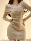 Korean Style Mini Knitted One-piece Dress Women Coquette Sexy Long Sleeve Tunic Cabaret Dresses Khaki Winter Clothes