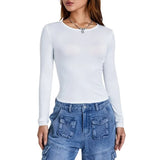 HiqdressWomen Autumn Slim Cropped Tops Solid Color Round Neck Long Sleeve Show Navel TShirt