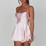 Satin Silk Women Sexy Cami Playsuits Dress Solid Cowl Neck Sleeveless Short Jumpsuits Summer Cross Tie-Up Backless Romper