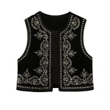 HiqdressWomen Fashion Y2k Vintage Floral Embroidery Vest Top V Neck Loose Casual Summer Woman Short Cardigan Waistcoat Chic Tops