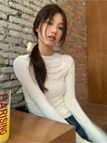 Vintage Elegant Sexy T Shirts Women Korean Fashion Sweet Rose Design Fake Two-piece Longsleeve Solid Slim Tee Tops