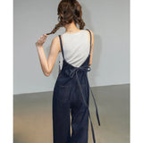 Denim Overalls Women Streetwear Jumpsuits Vintage Sweet Wide Leg Suspender Pants Preppy Bow Bandage Strap Jeans Trousers