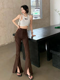 Y2k Slit Raw Edge Strappy Flared High Waist Jeans Retro High Street Fashion Wide Leg Pants Hot Girl Casual Simple Trousers