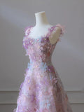 Romantic Fairy Sequins 3D Flower Pink A-line Wedding Evening Party Dress Sleeveless Princess Birthday Gown