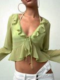 Vintage 90s Streetwear Ruffles Trim Green Chiffon T-shirts Y2K Fashion Sexy Deep V Lace Up Long Sleeve Tops Transparent