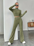 Hiqdress- Spring Knitted 2 Piece Sets Women Tracksuit Long Sleeve Vintage Sweater Crop Top Flare Pants Stretch Matching Suit Outfit