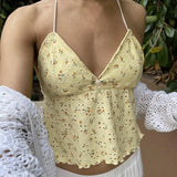 Eyelet Embroidery Floral Print Halter Camis Tops Women Sleeveless Slim Fit Vest Fairy Coquette Y2K Backless Tie Up Crop Tops