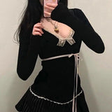 Kawaii Sweet Coquette T Shirts Women Koeran Style Sexy Lace Patchwork Bow Bandage Long Sleeve Slim Tees Tops Summer