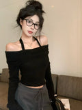 Fashion Solid Color Off Shoulder Slash Neck Sweaters Women Autumn Y2k Knitted Pullovers Korean Slim Casual Elegant Sueter Top