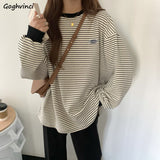 Popular Women T-shirts Striped Retro Comfort Slouchy Long Sleeve Tees Students Boyfriend Couple Trendy Females Tops Ulzzang Hot