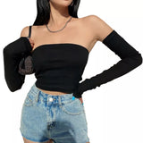 Female Crop Tops T-shirts, Solid Color Boat Neck Off Shoulder Sexy Tops Pullover with Long Sleeves for Summer Club Wear