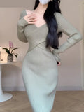 Women Elegant Slim Knitting Midi Dress Autumn New Solid Ribbed Bodycon Evening Party Vestidos Winter Sweater Robe Jumper