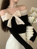 Coquette Off Shoulder Black T-shirts Women Korean Style Chic Bow Brown Long Sleeve Tees Sweet Sexy Patchwork Slim Tops