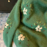 Vintage Green Sweater 2023 Autumn Winter Women's Lazy Style Soft Glutinous Flower Embroidery Top Thicked Warm Knitwear Pullover