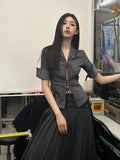 Vintage Sexy Coquette Blouses Women Korean Style Punk Streetwear Striped Print Bandage Hollow Out Slim Shirts Y2k