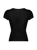 Japanese Kawaii Contrast Lace Tie Bow Square Collar Slim Short Sleeve Black T Shirt Women Pink Sweet Balletcore Cute Tees