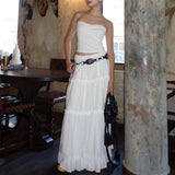 White Elegant Long Skirts Women Elastic Waist Ruffle Lace Trim Flare A-Line Skirts Retro Streetwear Fairycore Clothing