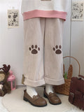 QWEEK Harajuku Kawaii Beige Corduroy Pants Cute Japanese Style Lolita Brown Wide Leg Trousers Embroidery Girly Sweet Pantalon